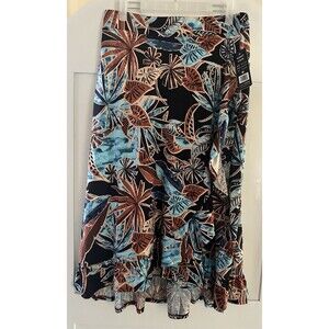 Robert Louis Ruffle Midi Skirt Wrap Black Blue Brown Leaves Women’s Size M